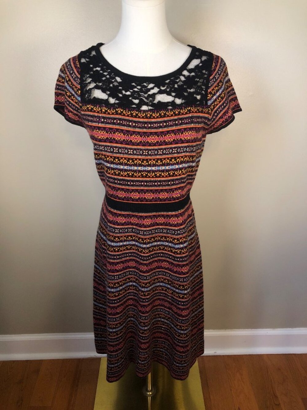 Sparrow Anthropologie Knit Dress Size M Fair Isle Lace Yoke Lambswool Cashmere